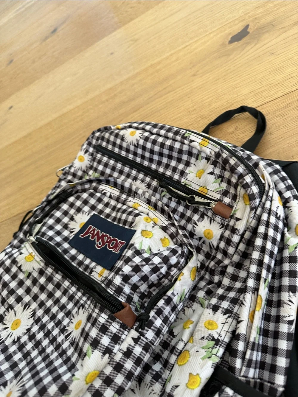 JanSport Black Gingham Daisy Print Backpack